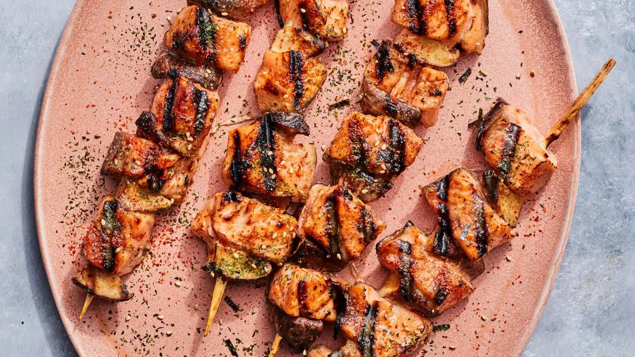 Salmon kushiyaki skewers, hot off the grill