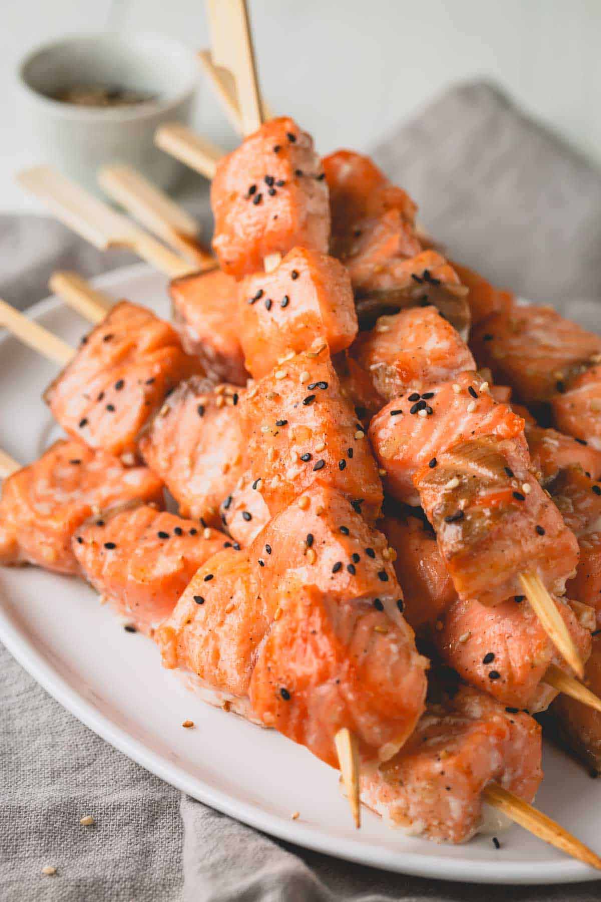 Salmon and shiitake kushiyaki skewers, glazed and grilled